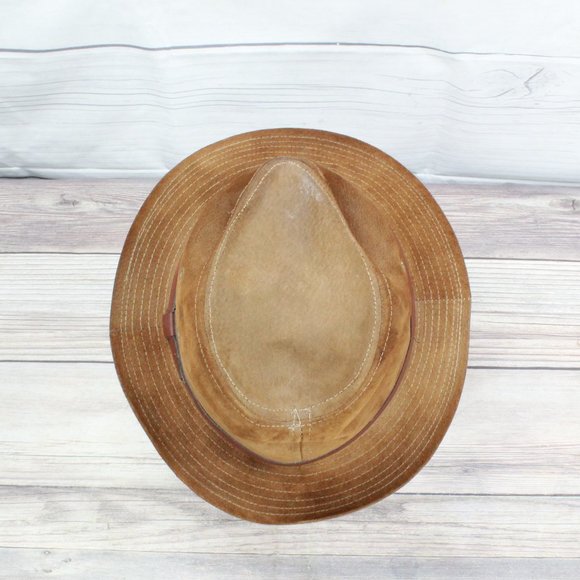 Union Made Brown Genuine Suede Leather Banded Lined Hat Size Medium - Picture 6 of 10